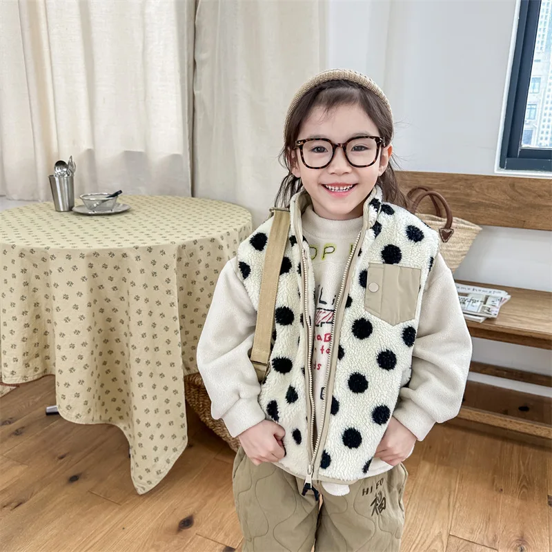 

Winter New Baby Sleeveless Warm Vest Infant Lamb Fleece Vest Kids Dot Print Casual Jacket Boys Girls Thicken Windproof Vest Coat