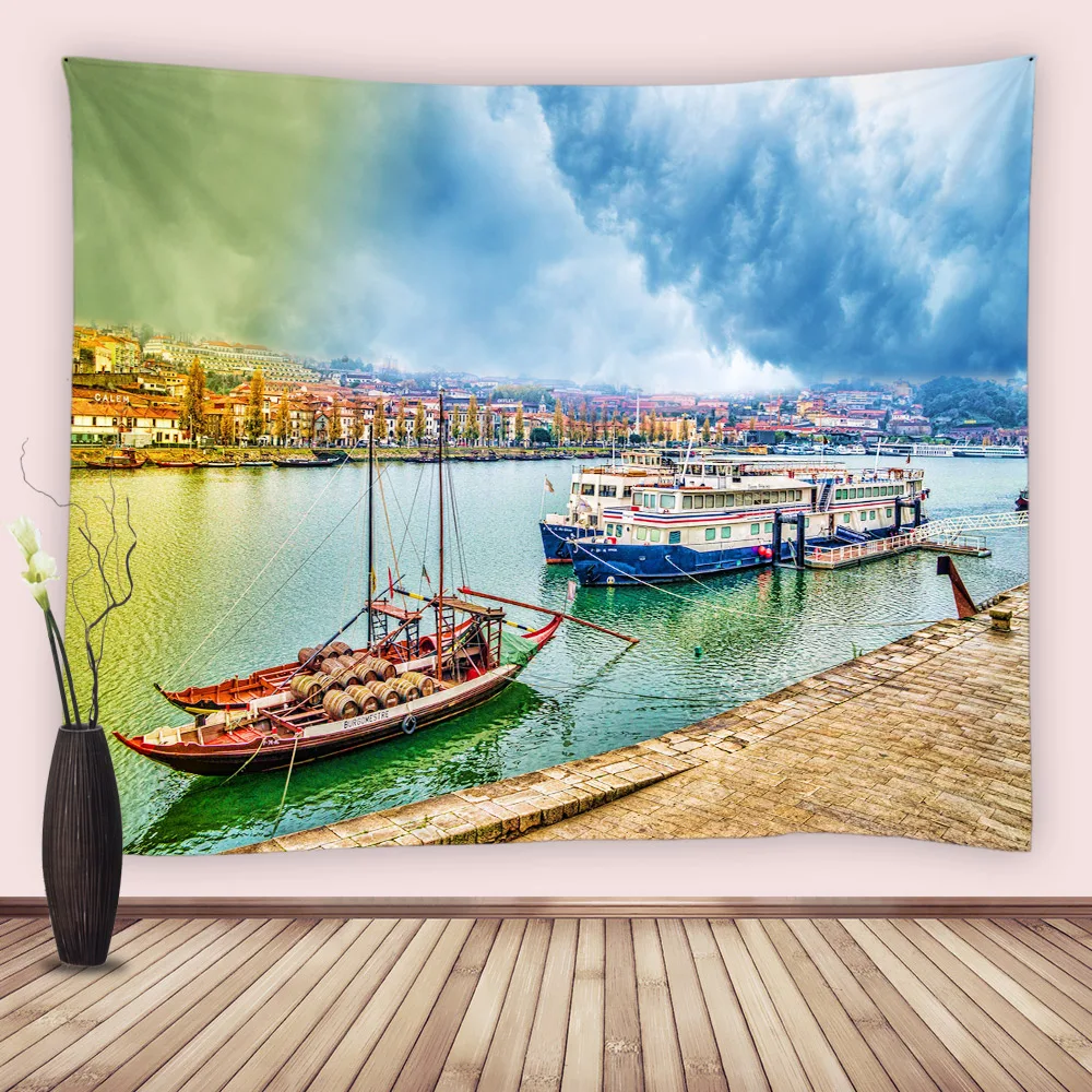 

Boat Wharf Scenery Wall Hanging Fabric Tapestry Seaside Town Natural Landscape Tapestry Blanket Beach Towel Home Bedroom Decor