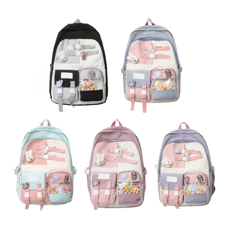 

Korean Harajuku Colorful Nylon Backpack with Clear Pocket Large School Book Bag