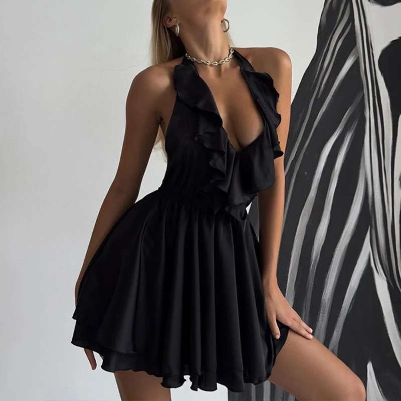 

Elegant Solid Color Sleeveless Beach Boho Dress Summer Halter Lace-up Ruffle Dress Fashion Deep V Neck Backless Mini Party Dress