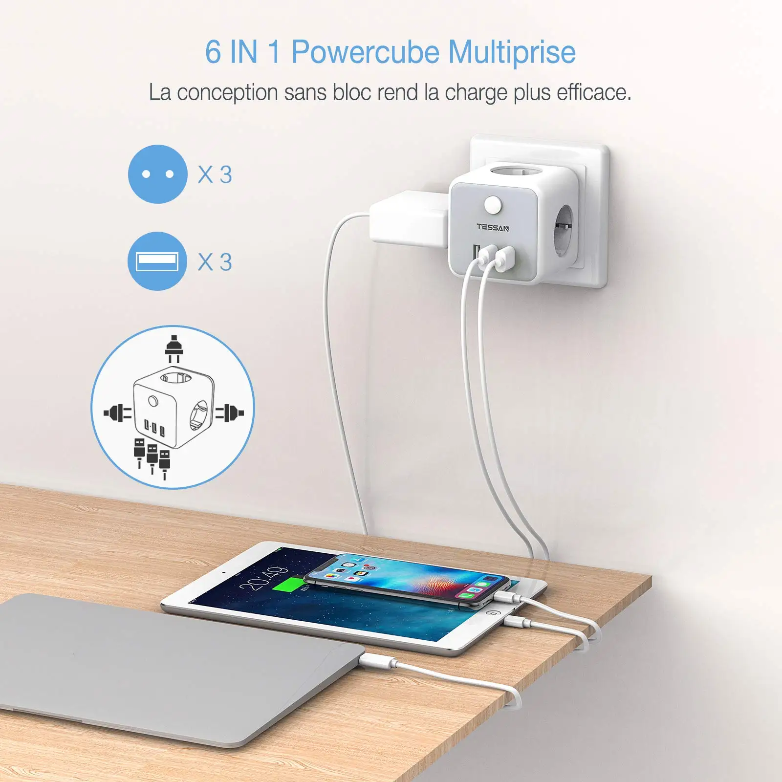 TESSAN 유럽 블랙 USB 벽 소켓, AC 콘센트 3 개, USB 포트 3 개..