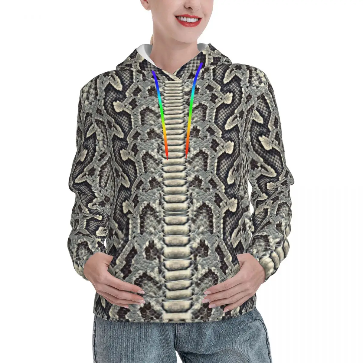 

Grey Snakeskin Casual Hoodies Animal Print Aesthetic Hooded Shirt Spring Long Sleeve Street Wear Oversized Hoodie Gift