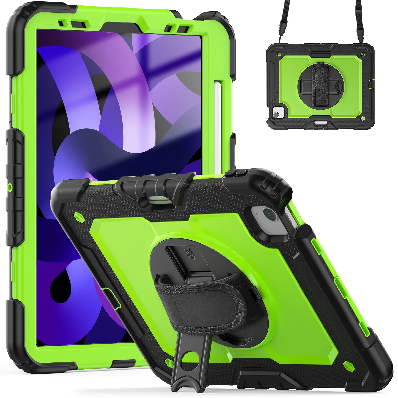 Shockproof Tablet Case with Screen Protector and 360° Rotating Hand Strap, Featuring Pencil Holder