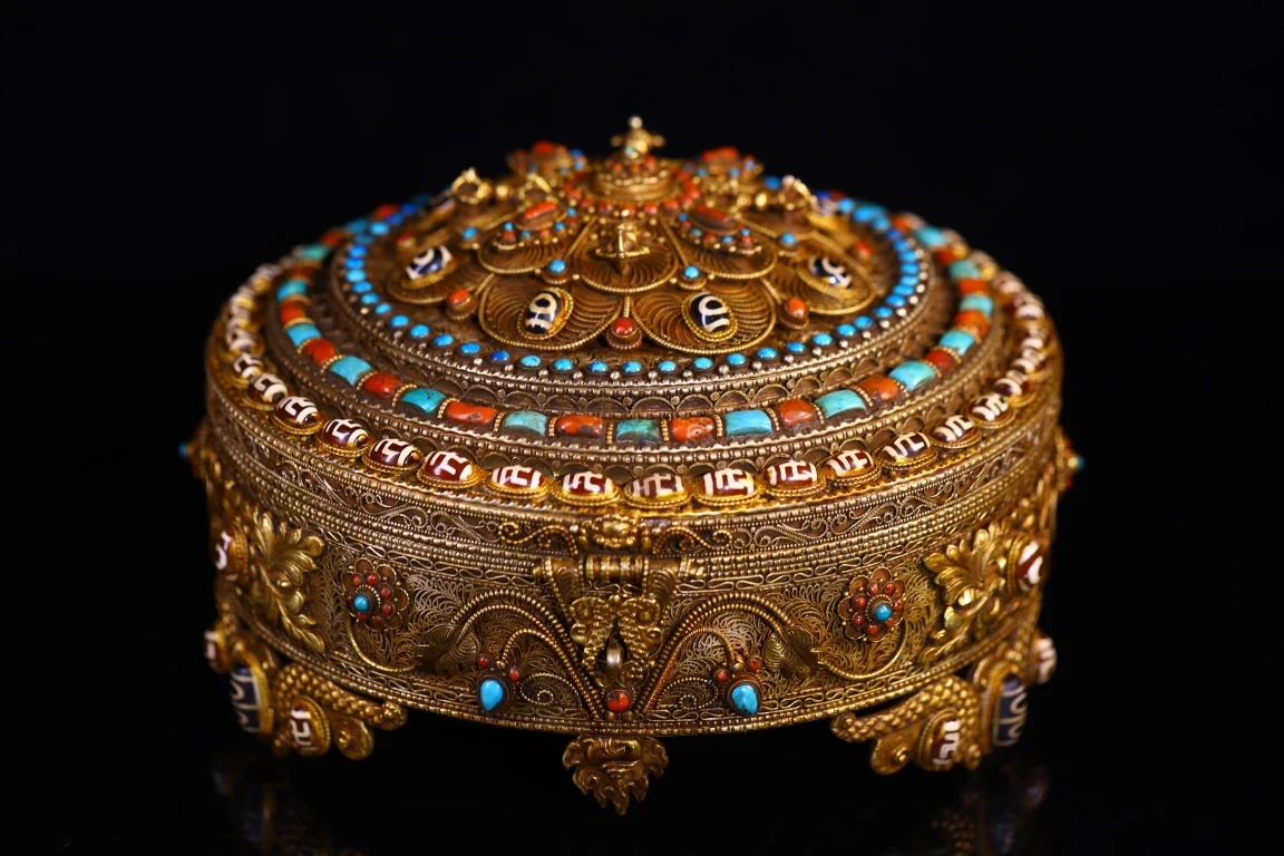 

Коллекция тибетских храмов 9 дюймов, старая тибетская Серебряная позолоченная филигранная мозаика, драгоценный камень, бусины gZi, лотос, искусственная банка, поклонение, зал, городской дом