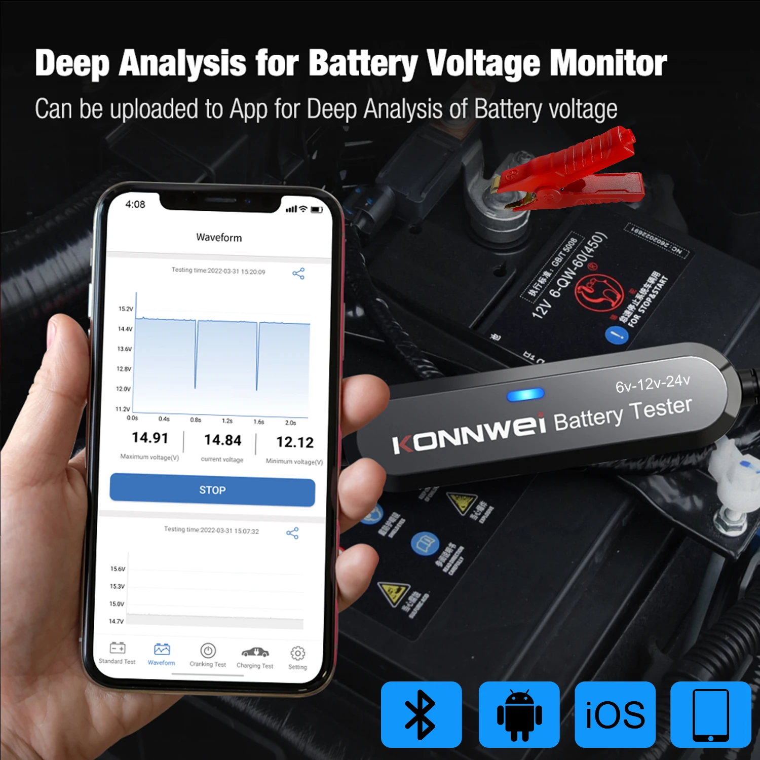KONNWEI BK100 BK200 6V 12V 24V Bluetooth 5.0 Car Truck Battery Tester waveform Monitor 100-2000 CCA Charging Cranking Test Tools 3