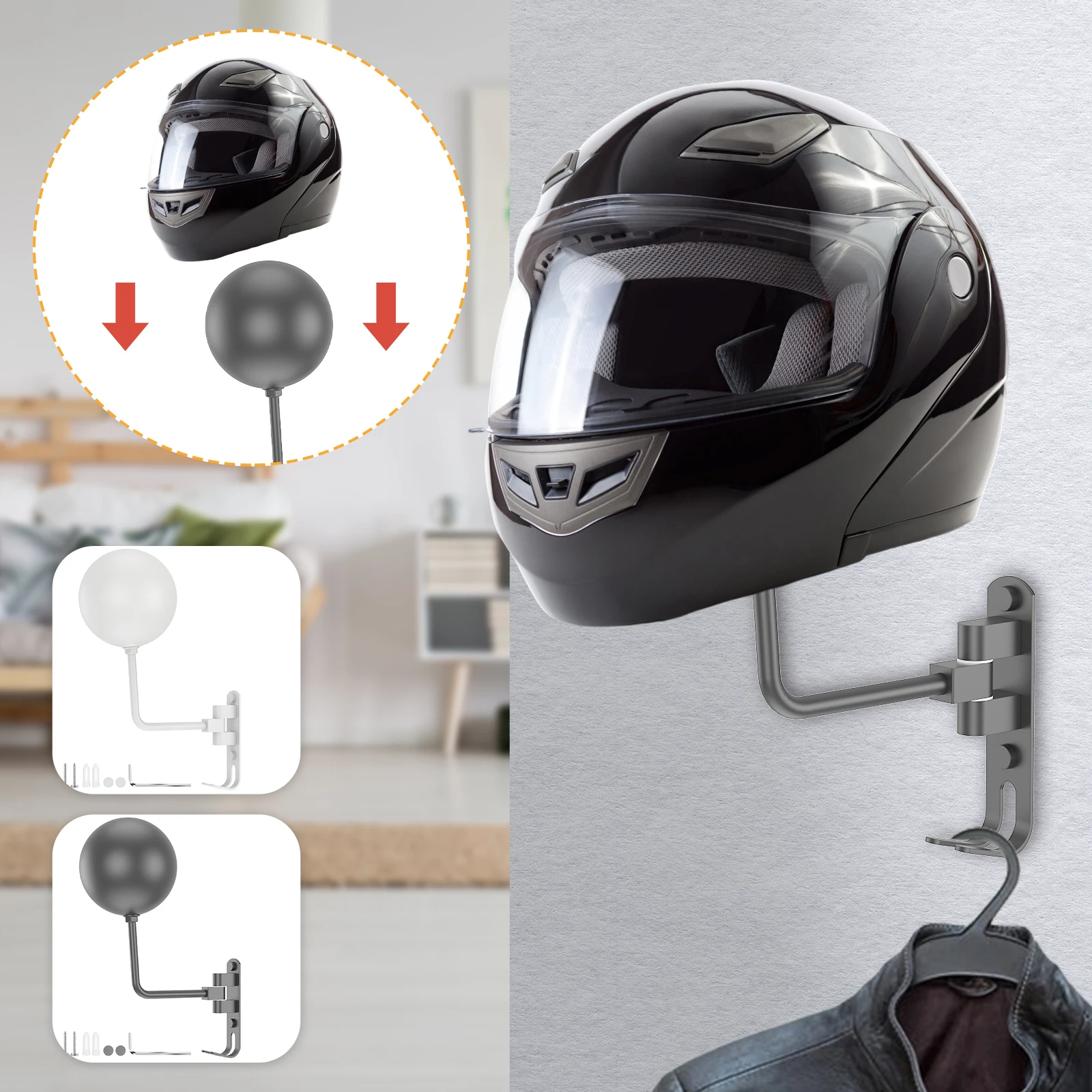 SANGMO Supporto per casco da moto, girevole a 180°, in metallo, da parete, con 2 ganci, per cappotti, berretti, baseball e casco da rugby (confezione da 2