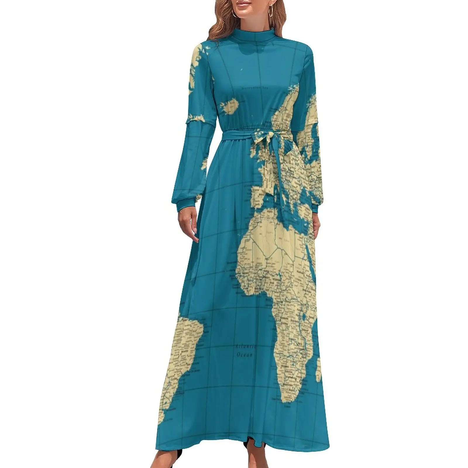 

Винтажное платье с картой мира, длинное Повседневное платье макси в богемном стиле с высокой талией и длинными рукавами