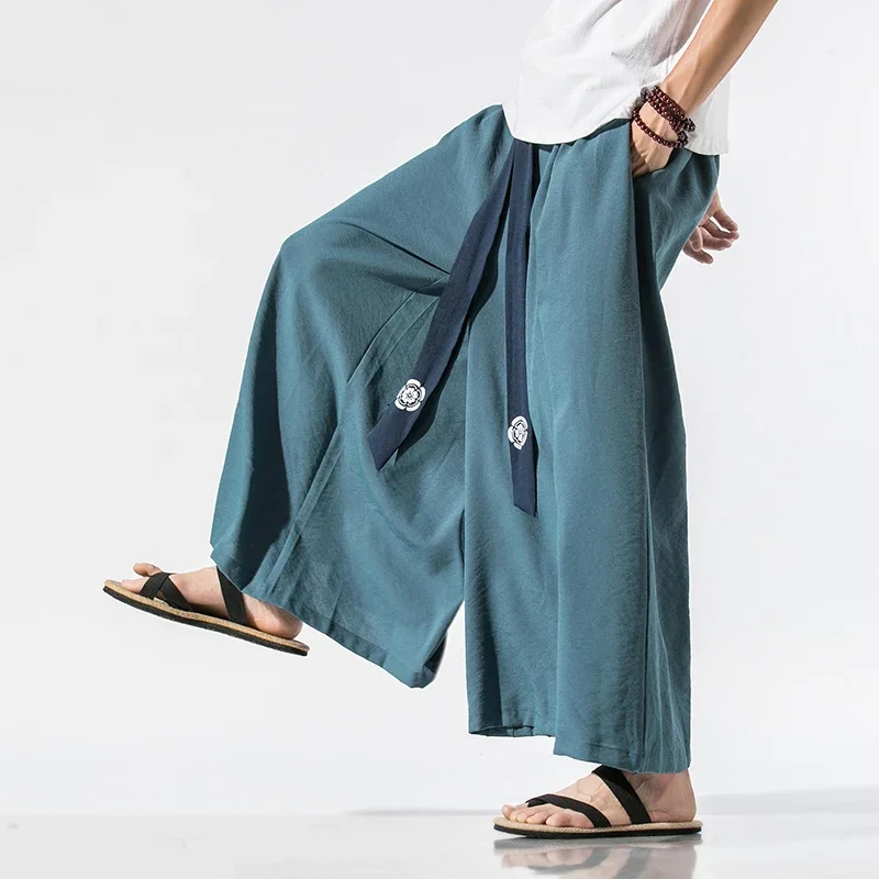 2023 Japanese Kimono Men Wide Leg Pants Joggers Retro Loose Trousers Man Yukata Style Linen Pants Big Crotch Nepal Robe Trousers 3