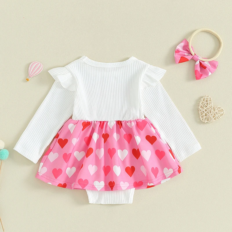 

Toddler Baby Girl Valentines Day Romper Dress Heart Print Long Sleeve Ribbed Bodysuit Jumpsuit Headband Outfits