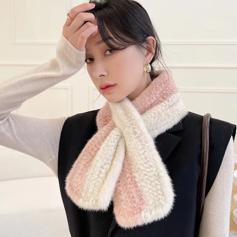 Mink Fur Scarf Women Winter Natural Mink Fur Scarfs Female  Real Fur Scarf Shawl Neck Warmer Fashion Women Knitted Fur Collar