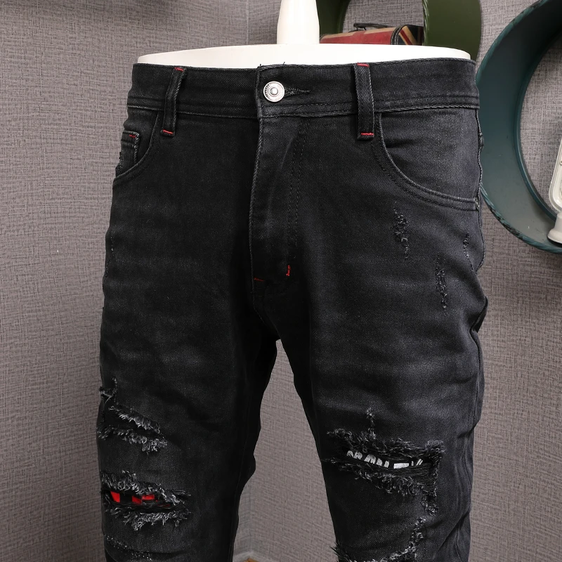 Streetwear Fashion Men Jeans Elastic Slim Fit Hole Ripped Jeans Men Vintage Black Trousers Patch Designer Hip Hop Pants Hombre