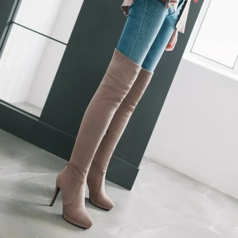 여성용 뾰족한 파인 힐 하이힐 부츠, 무릎 위 부츠, 플러스 사이즈 34-43 높이 10cm, 가을, 겨울, 새로운 스타일 패션