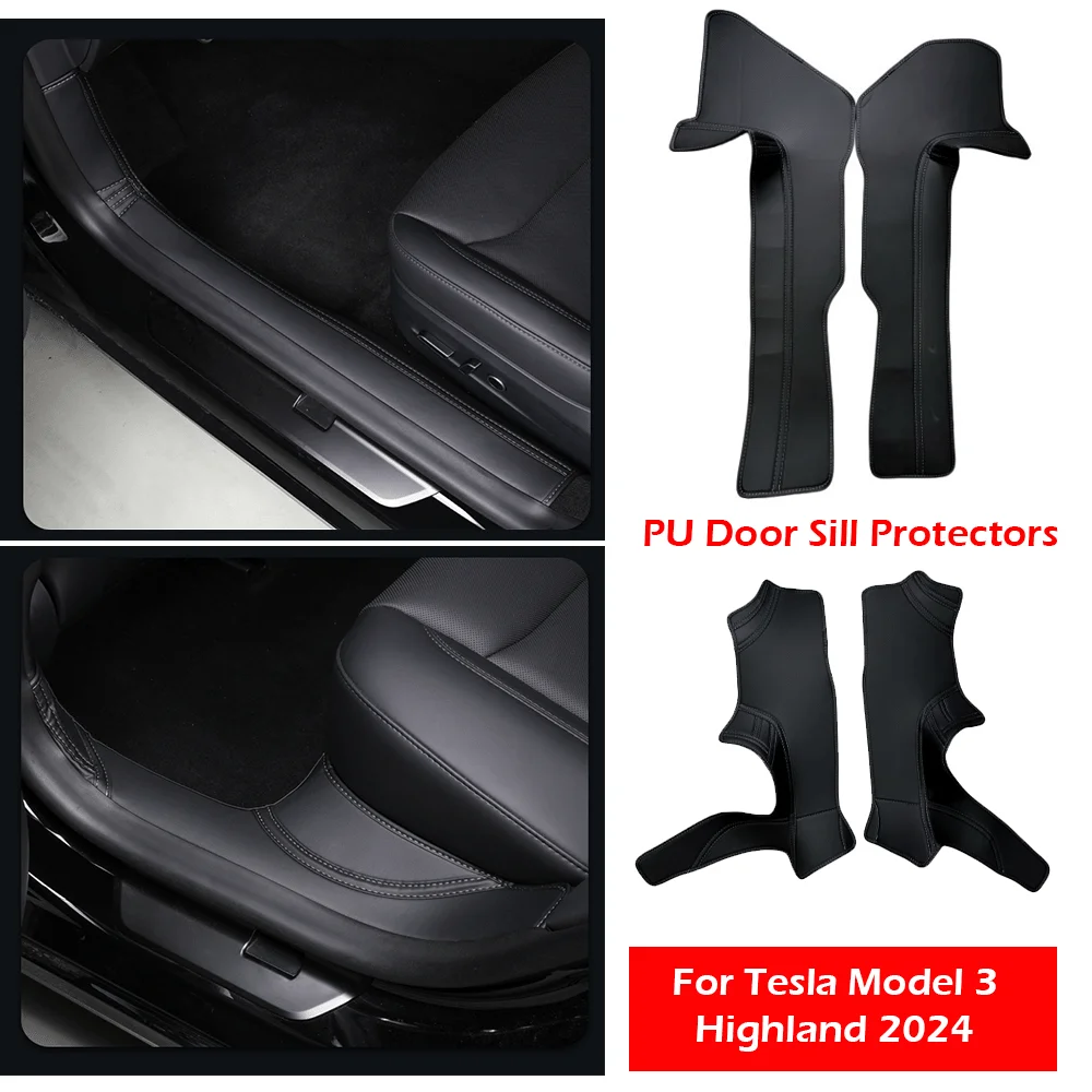 

4PCS Black PU Door Sill Protectors For Tesla Model 3 Highland 2024 Scratch-Resistant New Model 3 Interior Car Protection
