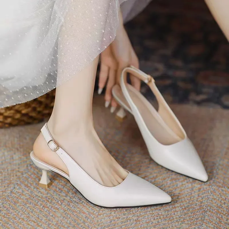 New Women's Sandals Pointed Toe Slingbacks Pumps Wedding Shoes Low Heels Dress Shoes Slip on Black Women Shoes