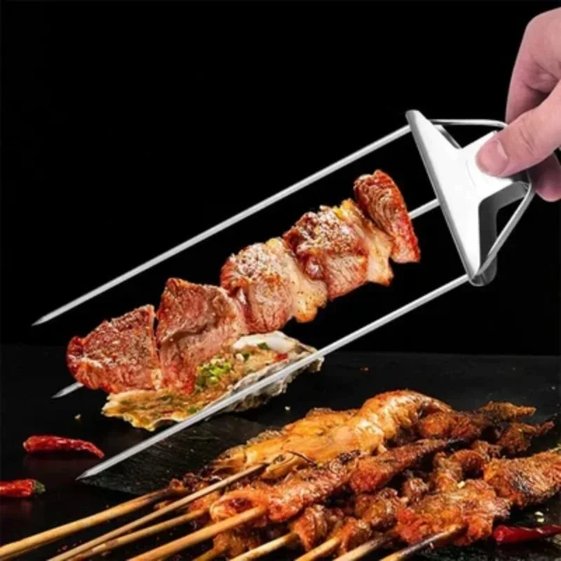 

3 Way Grill Skewers-GrillSavant Outdoors Barbecue Fork Reusable Stainless Steel Semi-Automatic Barbecue Fork Household Bbq Stick