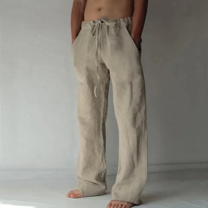2024 Summer New Men's Cotton Linen Fashion Loose Wide Leg Pants Sports and Leisure Solid Color Large Size Pants M-4XL 2
