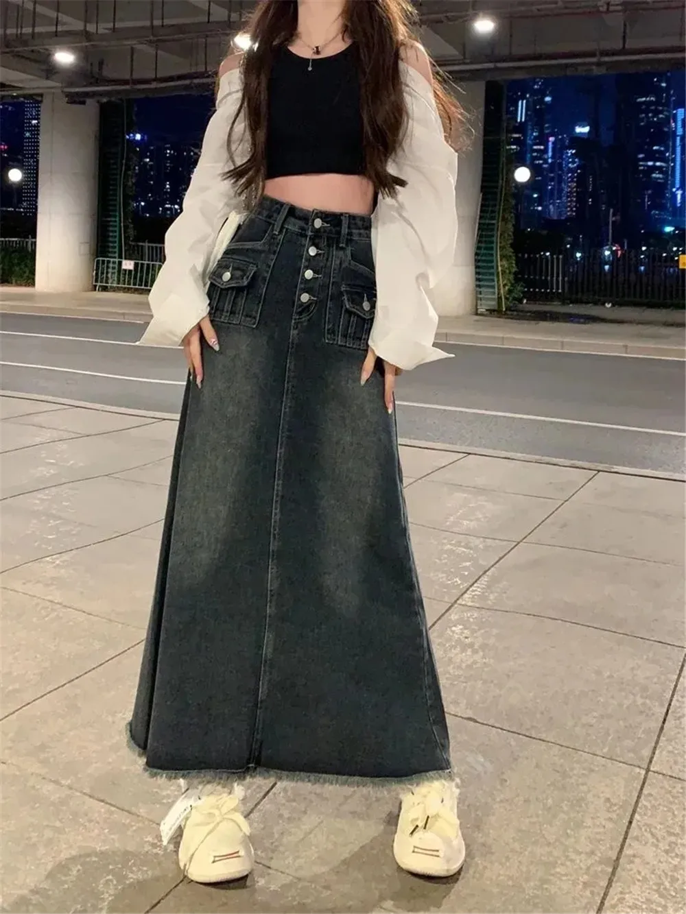 Retro Gray Maxi Long Denim Skirt Women Y2k Tassel Buttoned Bleached