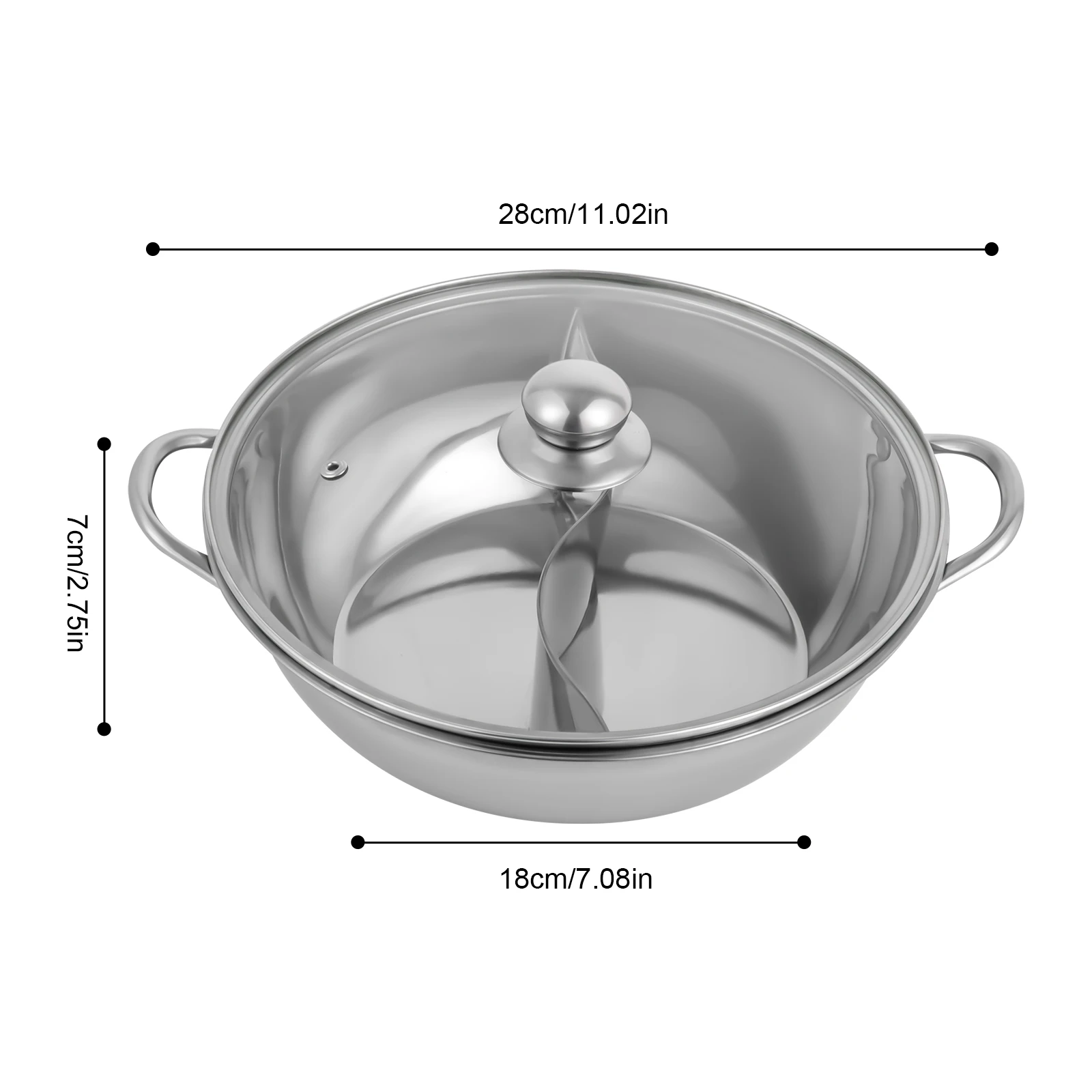 Silberner 28 cm großer Edelstahl-Hot Pot mit doppeltem Geschmack und Deckel, Shabu-Shabu-Topf mit Glasdeckel für Küchen, Restaurants, Häuser – Detail 24
