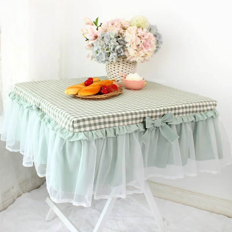 Mustard green plaid lace pastoral fabric pure cotton square tablecloth tablecloth tablecloth - Image 2