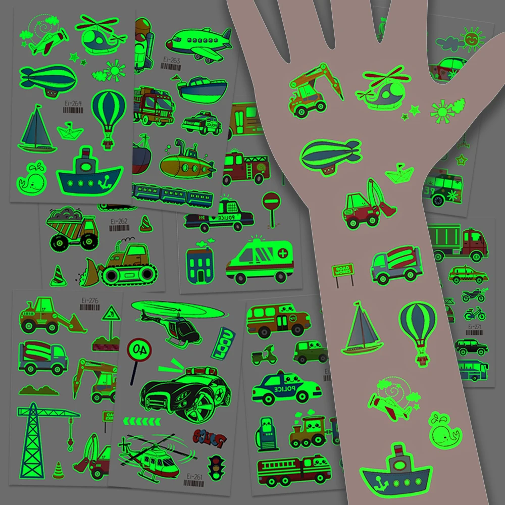 야광 자동차 및 트럭 방수 임시 문신 스티커, 바디 아트 가짜 문신, 어린이 팔용 생일 파티 용품, 8 개 