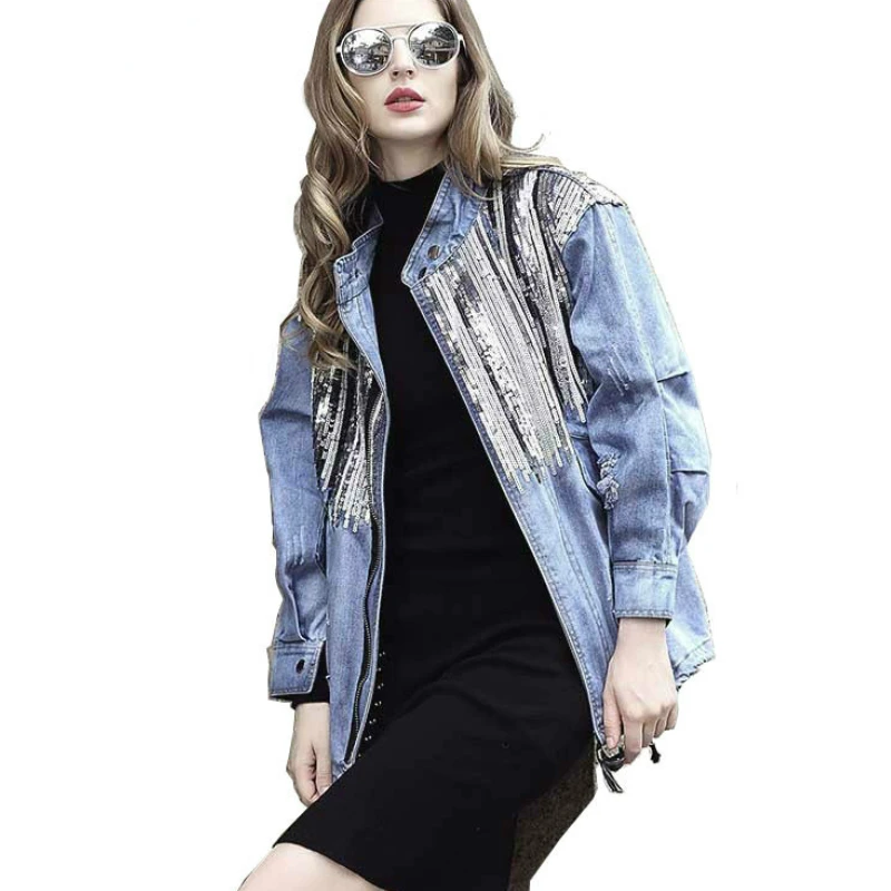 

Chic Woman Bomber Bling Loose Denim Jacket Large Size Sequined Denim Coat Outwear Long Sleeved Cardigan Stage Show Wear