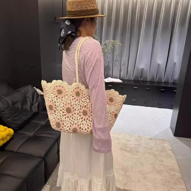 Fashion Vintage Flowers Handmade Knitting Crochet Shoulder Bag Knitted Handbags Luxury Tote Women Designer Female Hand Bag