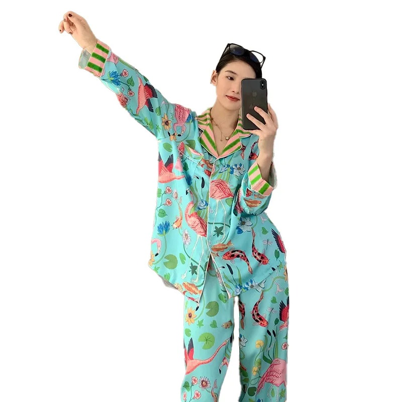New Ins Style Design Ice Silk Flamingo Pajamas Women's Spring Summer Long Sleeves Pants Home Suit Plant Flowers Sleepwear Female