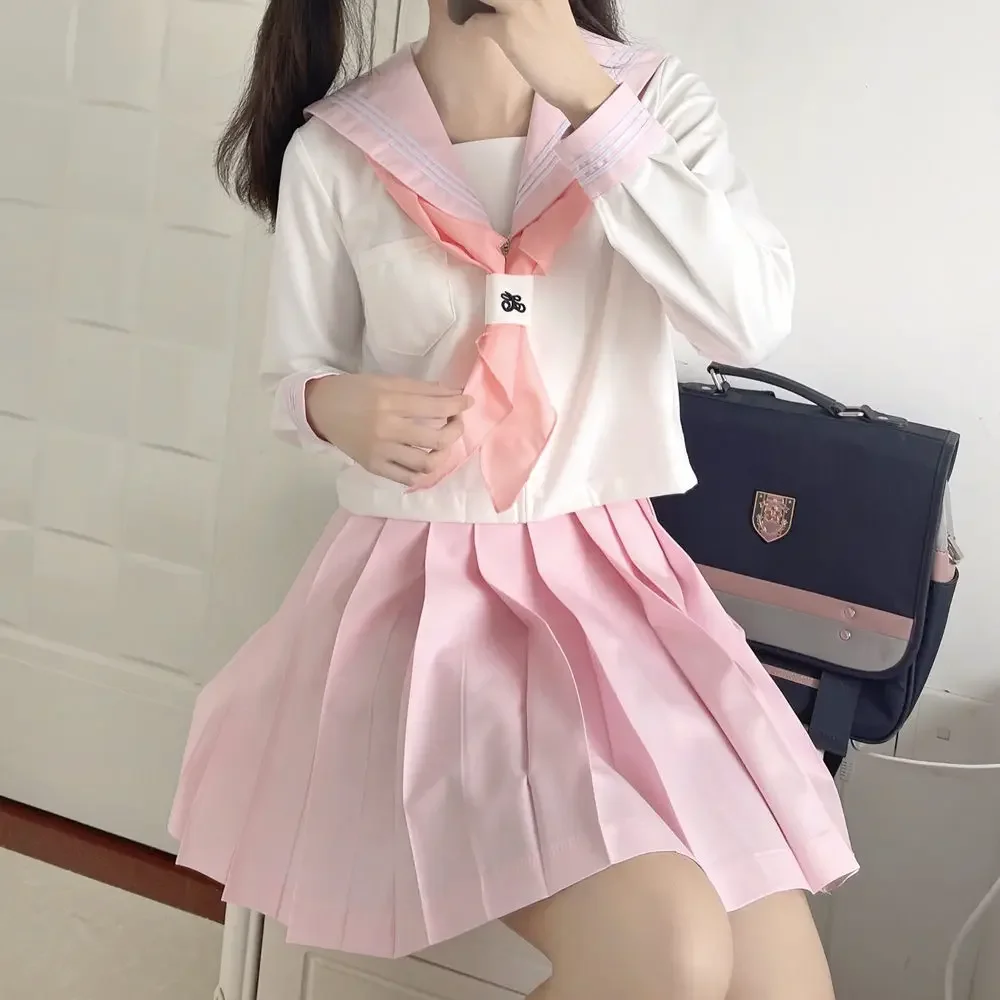 Pink Style Korean Sailor Set Women Seifuku High School Student JK Uniform Japanese Sailor Suit Cos Costumes Girls Pleated Skirt
