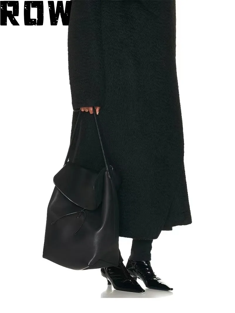 ROW2023 Women's Bag Black Cowhide Simple Flip Cap Large Capacity Nylon Drawstring Decoration Tote Bag Handbill Shoulder Bag