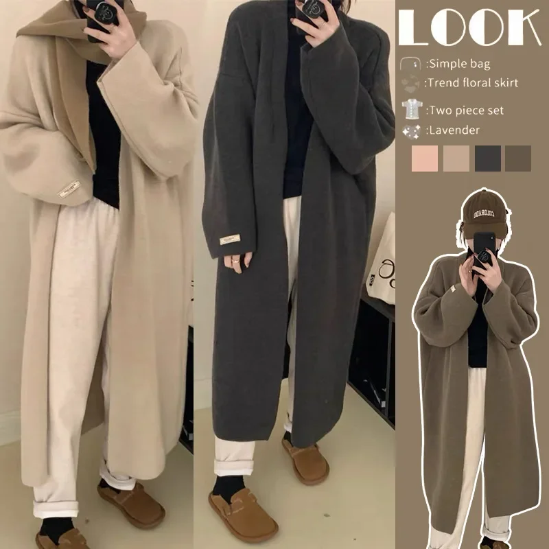 Pregnant Women Thickened Long Over-Knee Loose Lazy Style Small Audience Feeling Woolen Coat Warm Cozy Maternity Outerwear