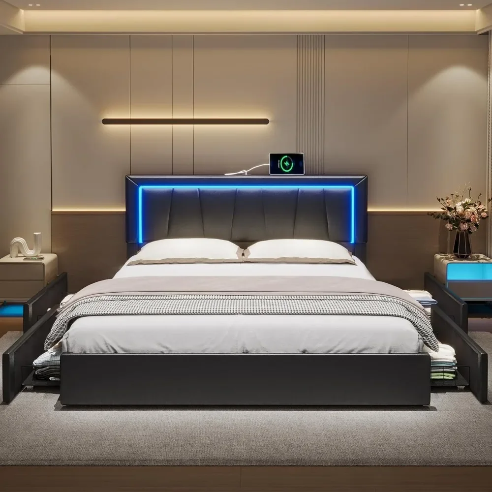 California King Bed Frame with 4 Storage Drawers, LED Light Platform Bed Cal King Size with Charging Station, Bed Frames 6
