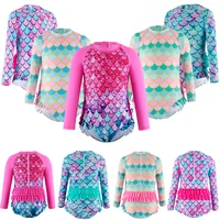 Kids Clothes Girl Swimsuits Fish Scale Print Ruffle Long Sleeves Zipper Bodysuit Beachwear Bathing Suits Baby Swimming Clothing 1