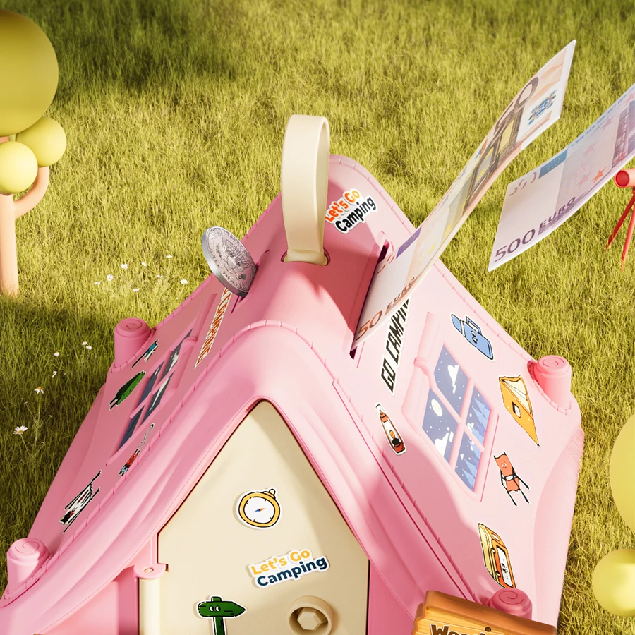 Tent piggy bank, green pink and pink optional, key to open the door, large capacity to deposit money, boys and girls available,