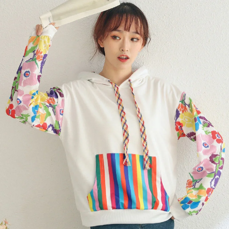Autumn Winter Flower Fashion Patchwork Women\'s Hoodies Casual Elegant Y2K Tops All Match Pullover Long Sleeve Female Clothes