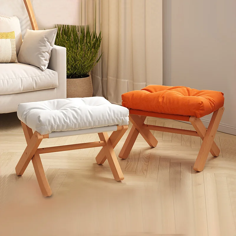 

Household Small Stool Foldable Storage Living Room Sofa Foot Stool Beech Wooden Leisure Low Stool with Soft Breathable Cushion