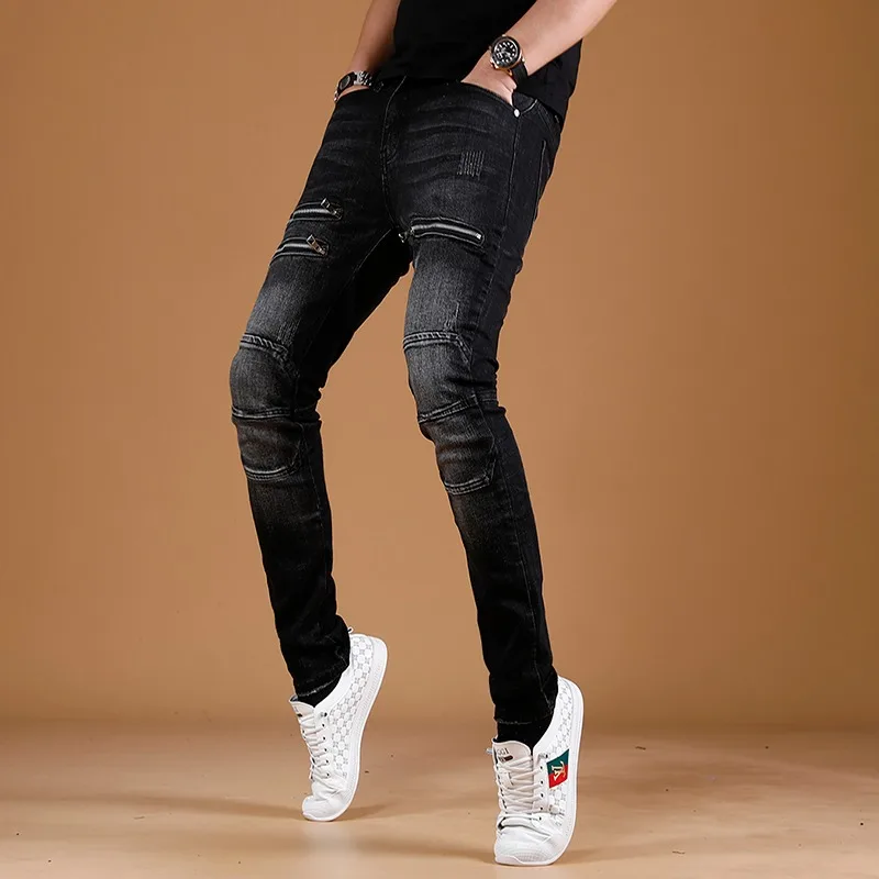 Casual Patchwork Zipper Black Jeans Men Streetwear Slim Fit Pencil Pants Cotton Stretch Denim Trousers