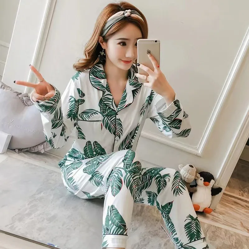 

Women Pajamas Sets Cotton Blend Pyjama Female Pijamas Lapel Long Sleeve Shirt Pants Suit Sleepwear Homewear Loungewear Nightwear