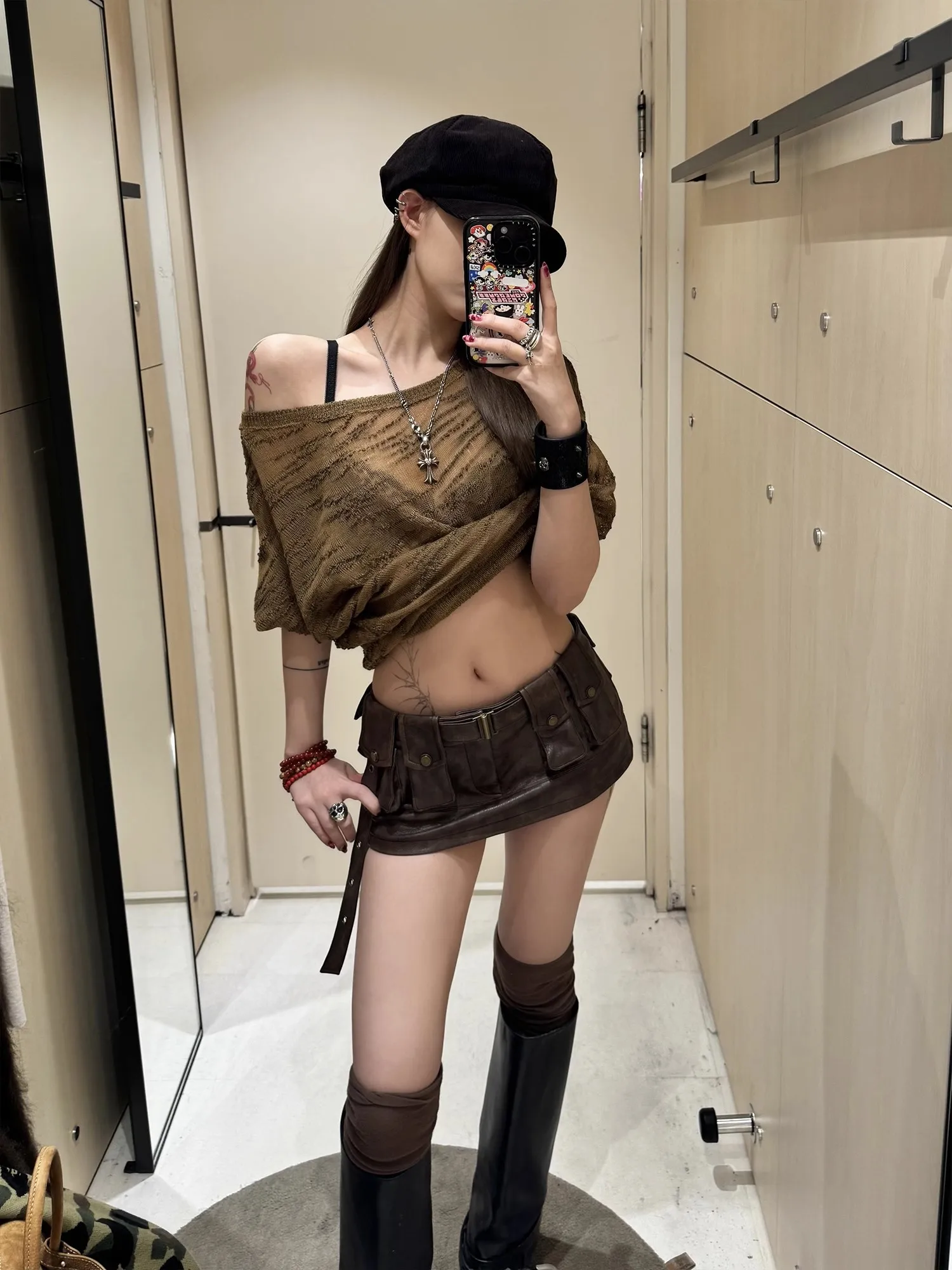 Lautaro Spring Summer Cool Sexy Vintage Distressed Brown Pu Leather Mini Skirt Women Three-dimensional pockets Belt Streetwear 4