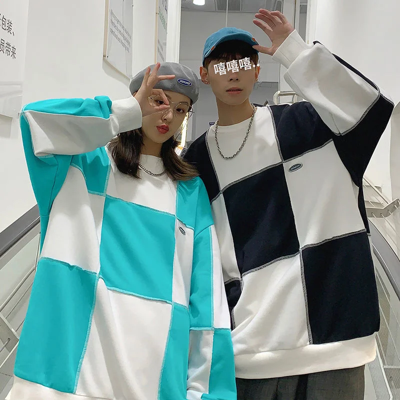 

2022 Men's Cotton Casual Hoodies Splicing Lattice Printing Sweatshirts Round Neck Pullover Top Clothes Green/blue/black Coats