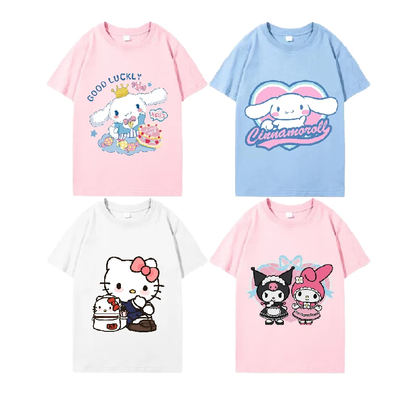 

Kawaii Hello Kitty Cinnamoroll Kids Printed T-Shirt Anime Sanrio Kuromi Boys Girls Loose Casual Short-sleeved Tops Children Gift