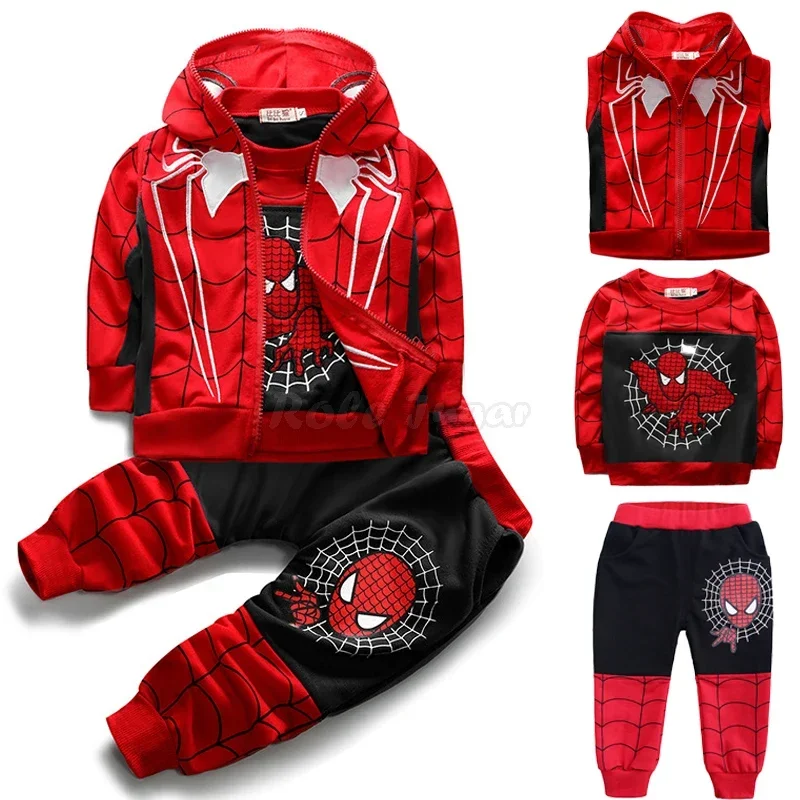 

Cartoon Print Spider kids Cosplay Costume Autumn Kids Boys Sleeveless Hooded Vest +T Shirt+Pant Tracksuit Children Outfits 3pcs