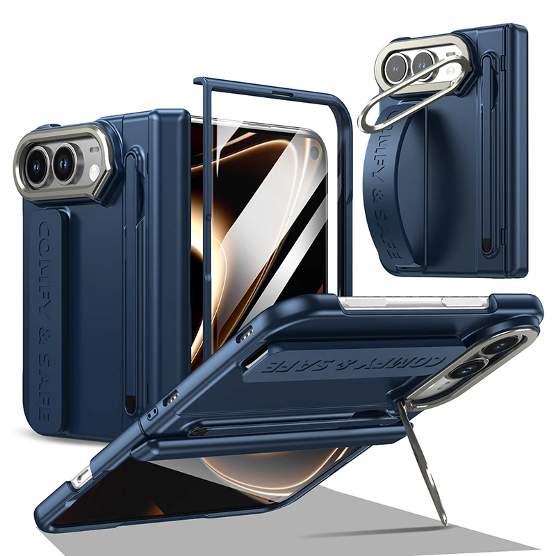 Premium Matte Finish Phone Case Kit with Wrist Strap, Stylus Pen, Screen Protector, Lens Frame, and Kickstand Hinge Guard