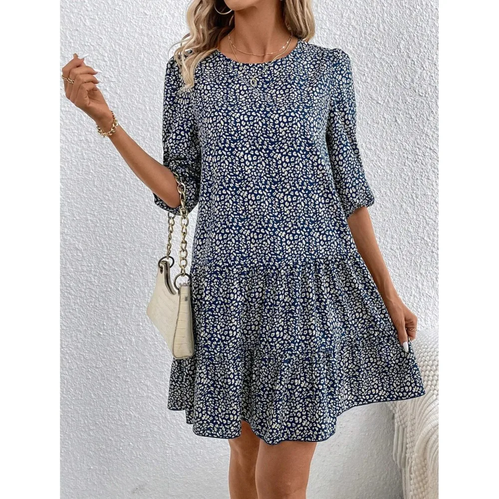 

Summer New Mid Length Dress Women Loose Waist Pullover Bohemian Printed Half Sleeve Fragmented Flower Dress Vestidos