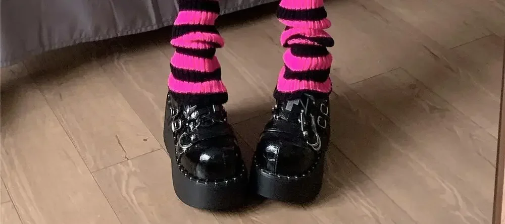Y2k Goth Lolita Mädchen süße gestreifte gestrickte Beinwärmer JK Uniform Gothic Frauen Leggings Gamaschen Knie gestrickte Manschetten Knöchelwärmer – Detail 10