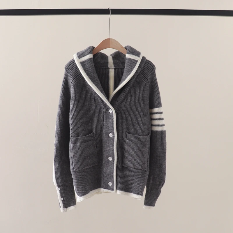 TB 가디건 4 바 메쉬 레드 스웨터, 폴로 칼라, 두꺼운 루즈 캐주얼 코트, 패션 트렌드, 가을 및 겨울 신상