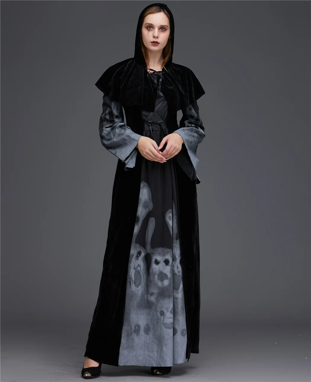 

In Stock Women Vintage Gothic Dresses Skull Lace Print Halloween Party Dress Black Skeleton Cosplay Dress