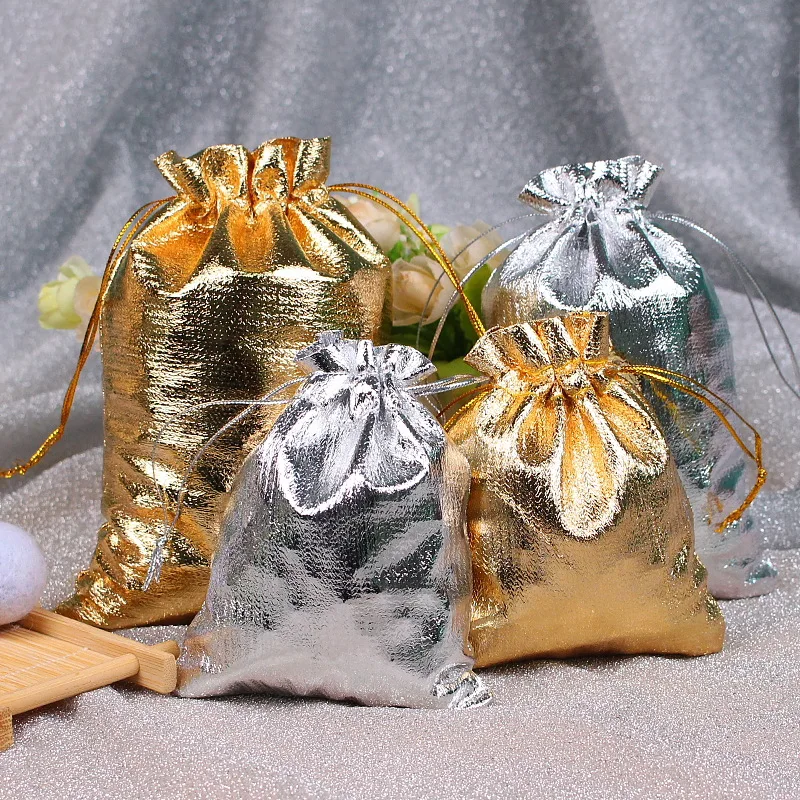 

50Pcs 9x12CM Drawstring Gold Silver Fabric Packing Aluminium Foil Cloth Bag Wedding Party Decorate For Jewelry Storage Display