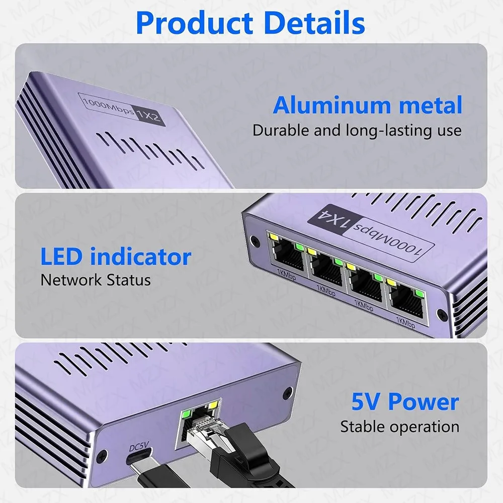 High-Speed Gigabit Network Switch Hub with Ethernet Splitter Connector