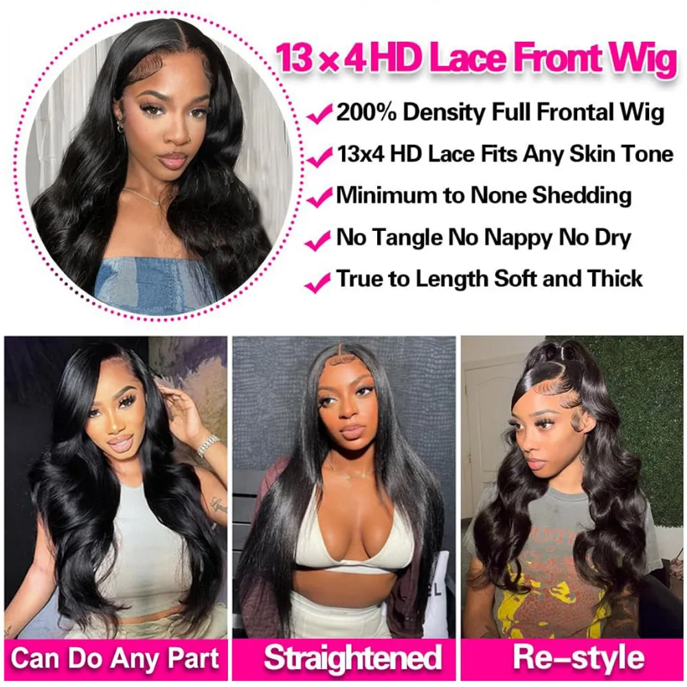 250% Density 13x4 Lace Front Wig Human Hair Body Wave Transparent Brazilian Virgin Human Hair Wigs 30 Inch Natural Black