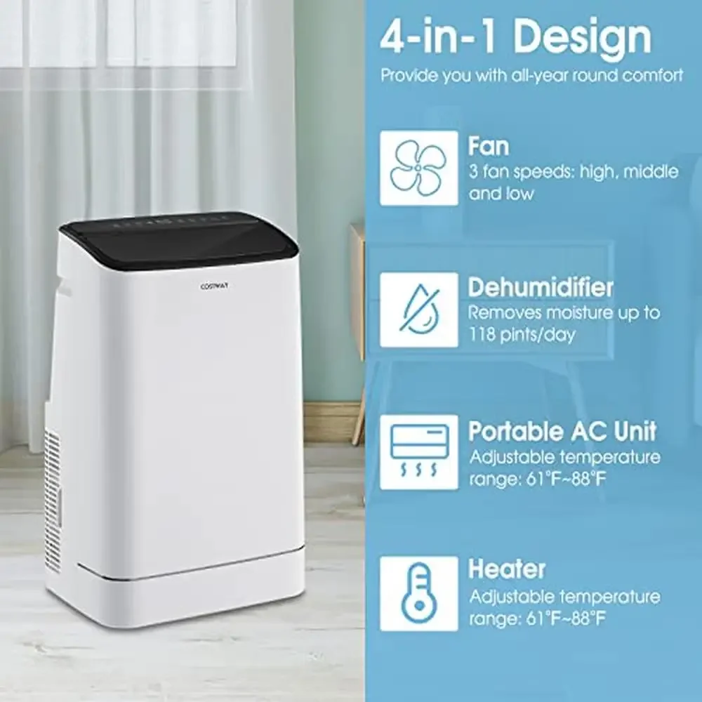 Portable 15000 BTU Air Conditioner with Heat Dehumidifier 4-in-1 Unit 800 Sq.Ft Rooms Auto Swing Timer Efficient Cooling & 3